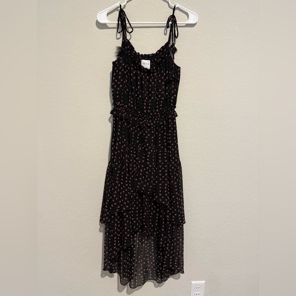 Misa Los Angeles Black Dress with Pink Floral Print and Ruffle High-Low Hem